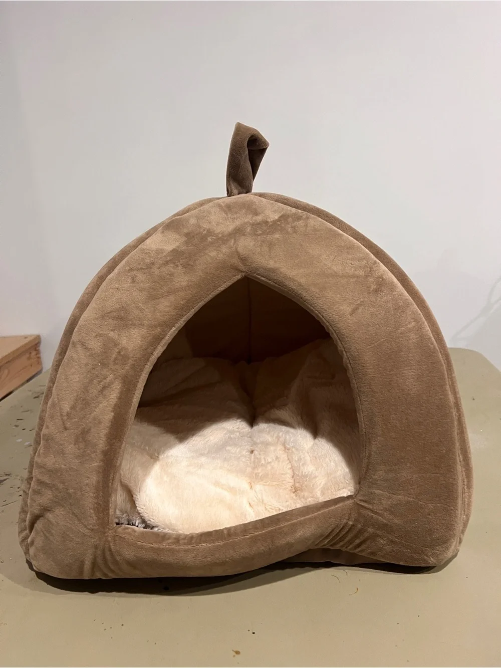 Plush Beige Cat/Dog Cave Bed with Cream Cushion
